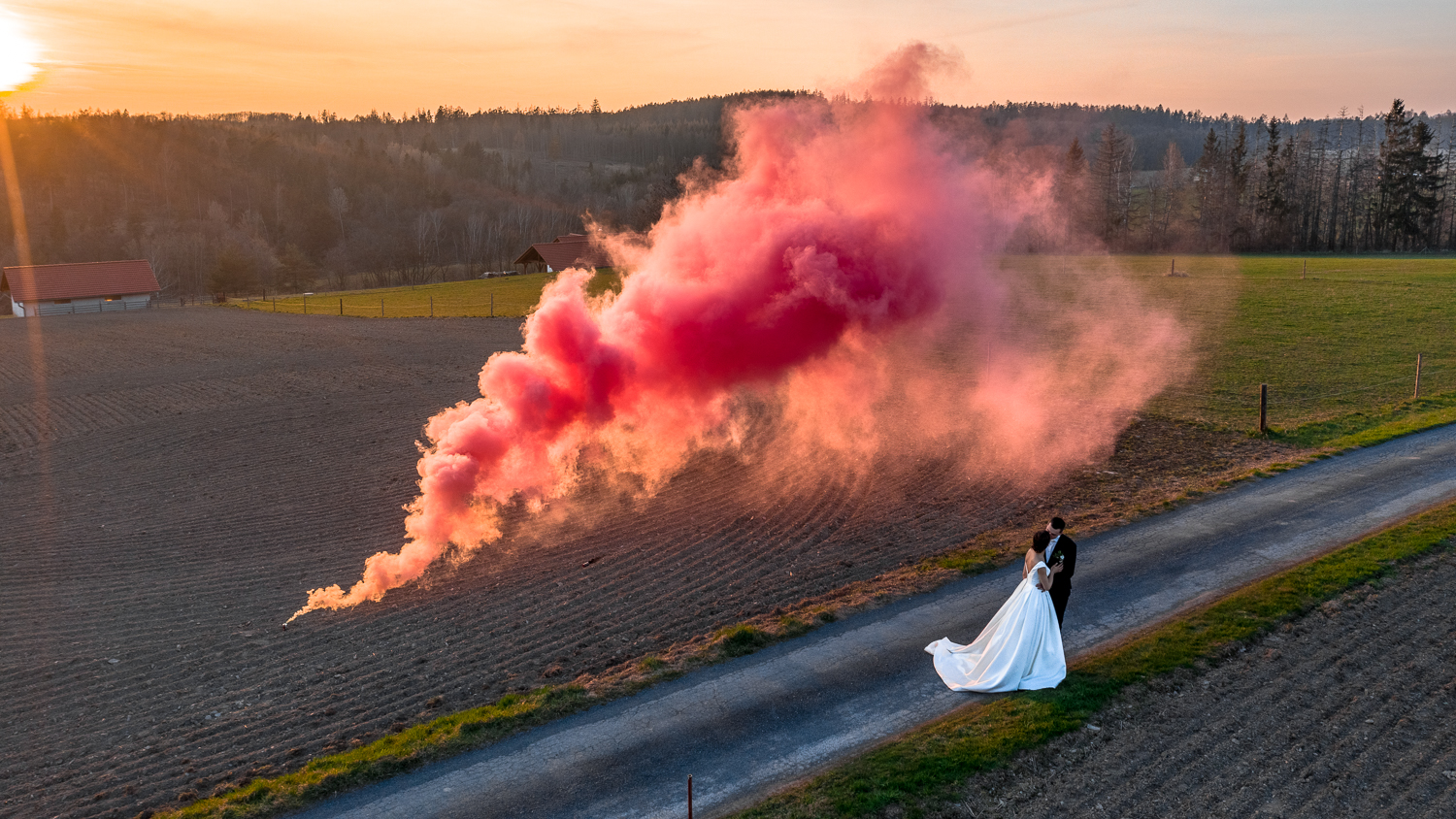 Wedding smoke effects in the countryside near Stockholm